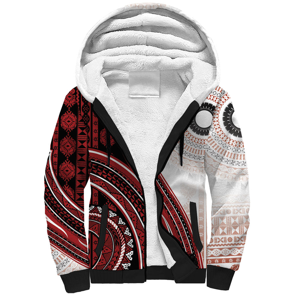 Bula Fiji Vintage Tapa Sherpa Hoodie Kaivity Masi Wave Motifs - Red LT7 Unisex Red - Polynesian Pride