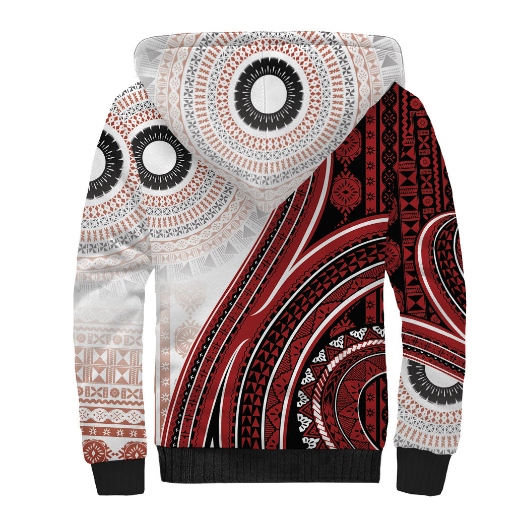 Bula Fiji Vintage Tapa Sherpa Hoodie Kaivity Masi Wave Motifs - Red LT7 - Polynesian Pride