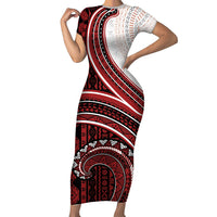 Bula Fiji Vintage Tapa Short Sleeve Bodycon Dress Kaivity Masi Wave Motifs - Red LT7 Long Dress Red - Polynesian Pride