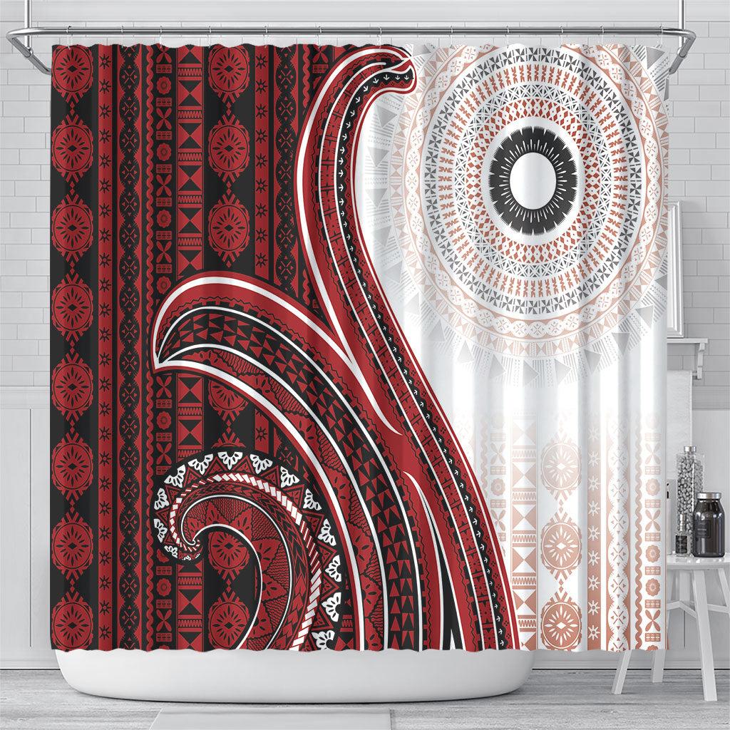 Bula Fiji Vintage Tapa Shower Curtain Kaivity Masi Wave Motifs - Red