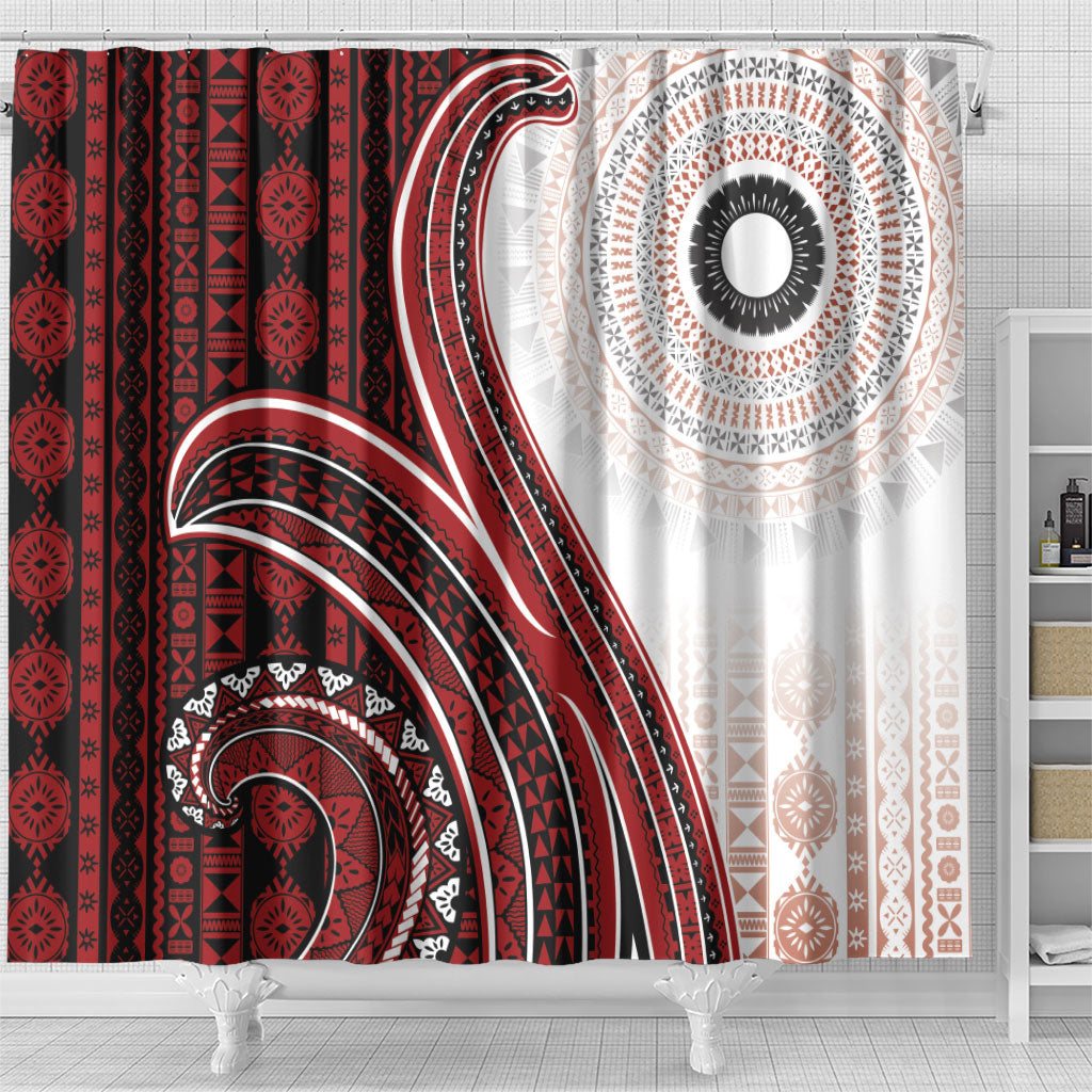 Bula Fiji Vintage Tapa Shower Curtain Kaivity Masi Wave Motifs - Red