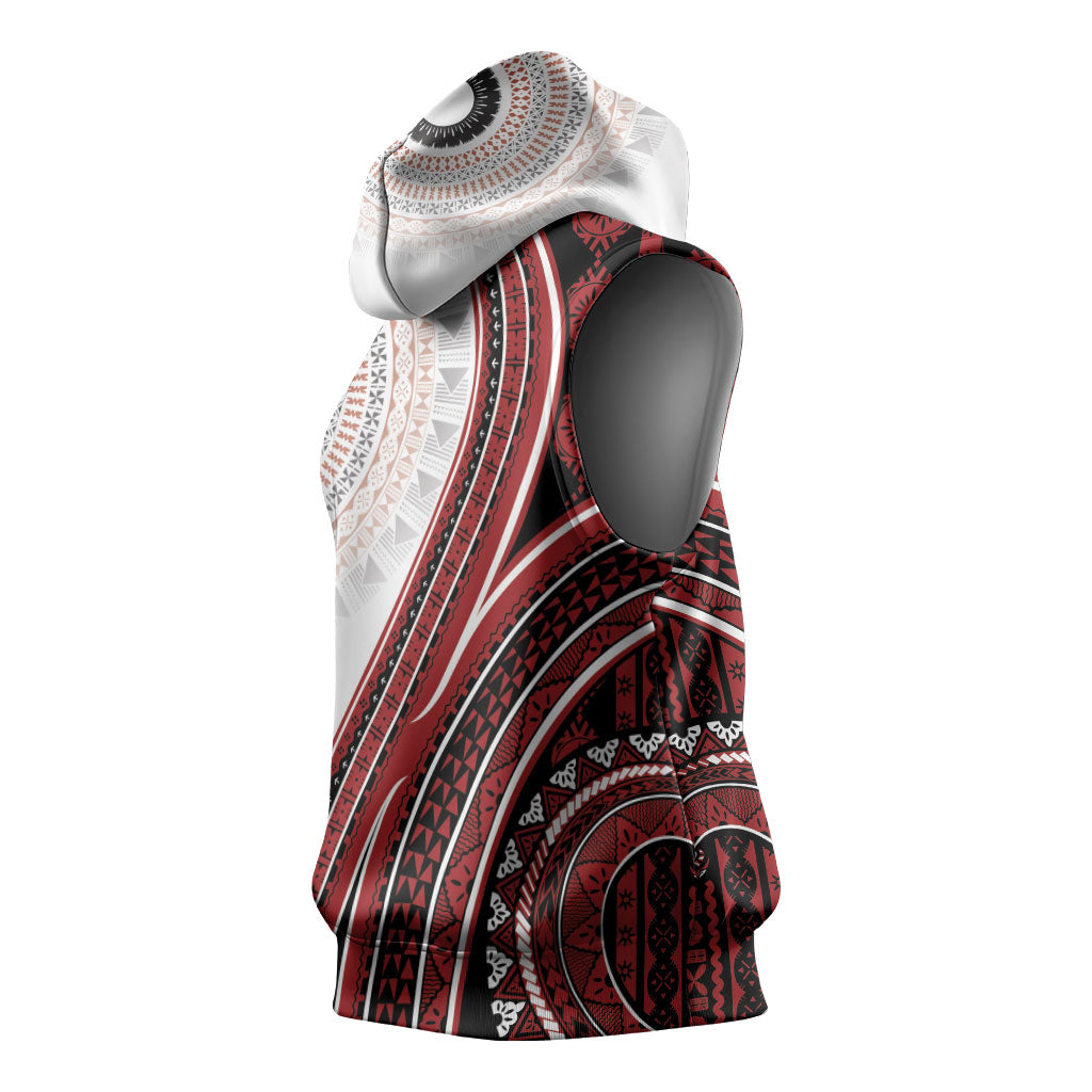 Bula Fiji Vintage Tapa Sleeveless Hoodie Kaivity Masi Wave Motifs - Red