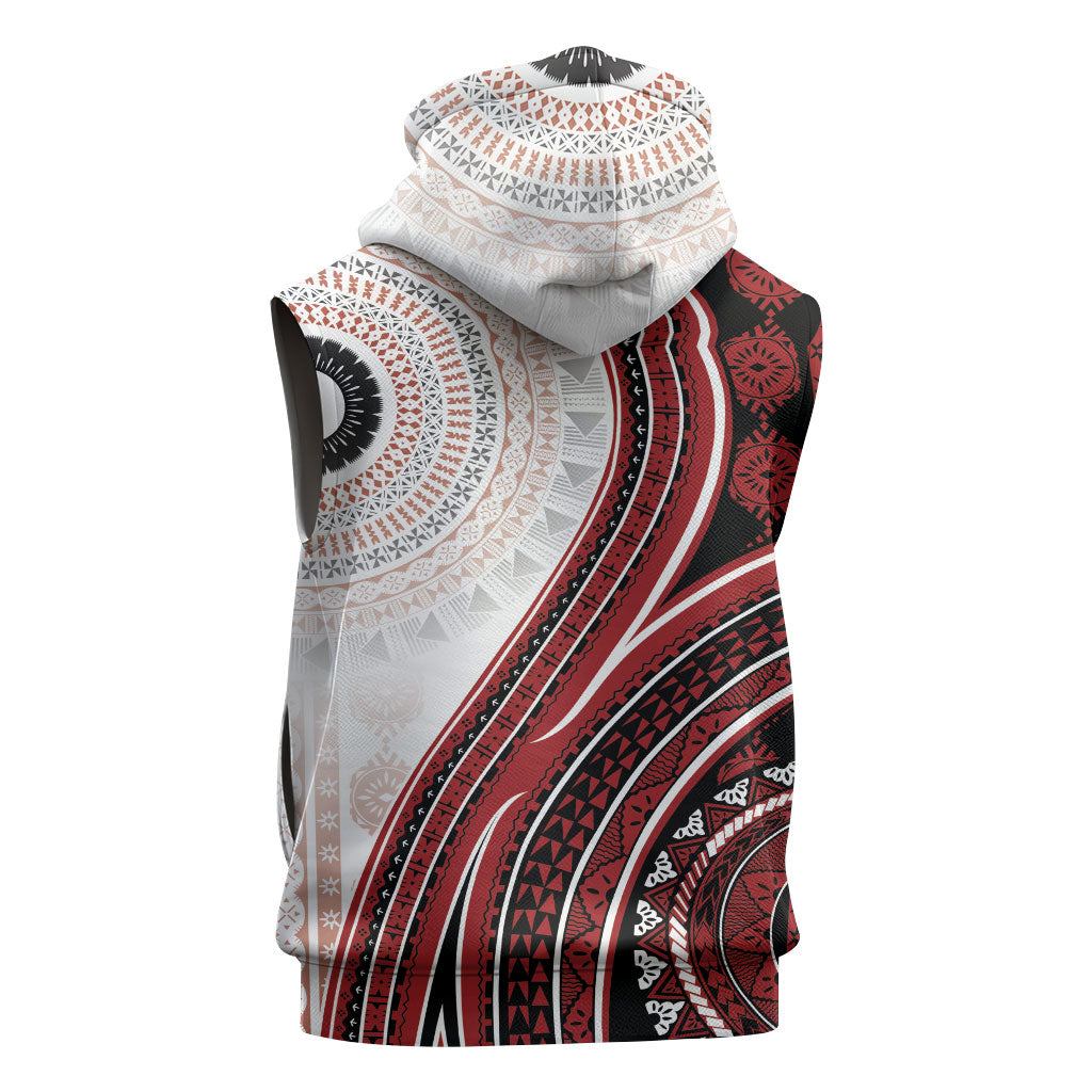 Bula Fiji Vintage Tapa Sleeveless Zip Hoodie Kaivity Masi Wave Motifs - Red LT7 - Polynesian Pride
