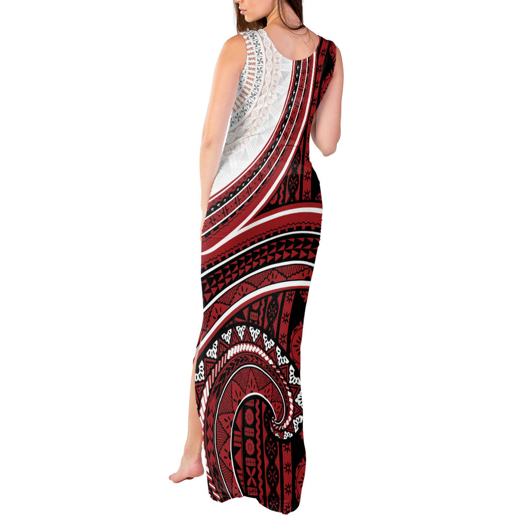Bula Fiji Vintage Tapa Tank Maxi Dress Kaivity Masi Wave Motifs - Red