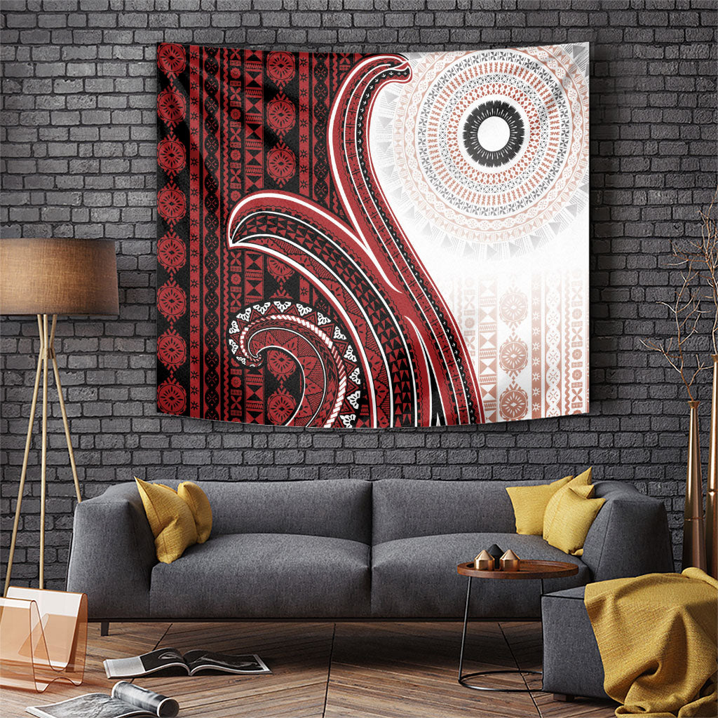 Bula Fiji Vintage Tapa Tapestry Kaivity Masi Wave Motifs - Red LT7 Red - Polynesian Pride