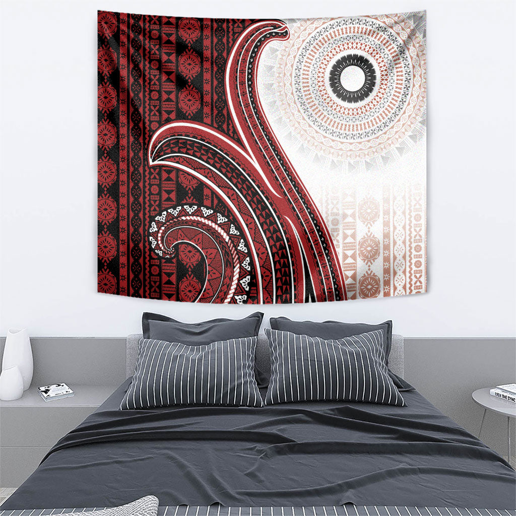 Bula Fiji Vintage Tapa Tapestry Kaivity Masi Wave Motifs - Red LT7 - Polynesian Pride