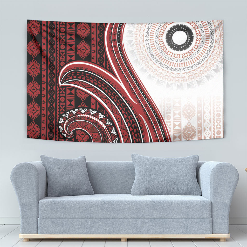 Bula Fiji Vintage Tapa Tapestry Kaivity Masi Wave Motifs - Red LT7 - Polynesian Pride