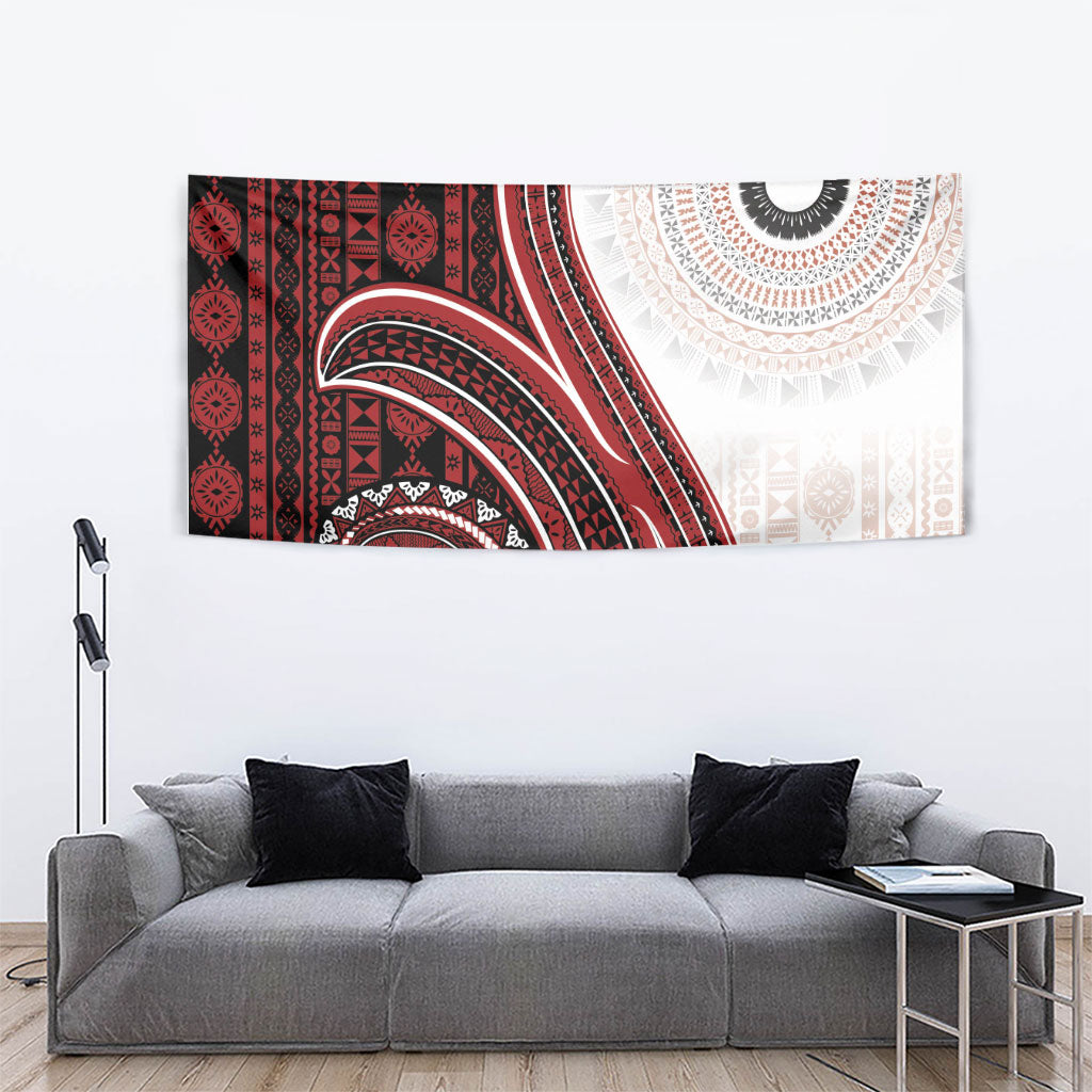 Bula Fiji Vintage Tapa Tapestry Kaivity Masi Wave Motifs - Red LT7 - Polynesian Pride