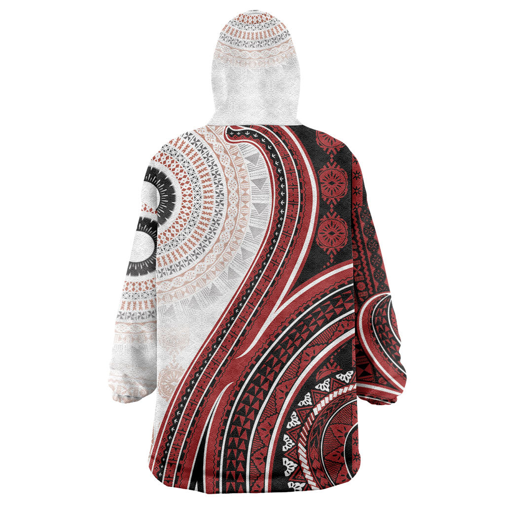 Bula Fiji Vintage Tapa Wearable Blanket Hoodie Kaivity Masi Wave Motifs - Red LT7 - Polynesian Pride