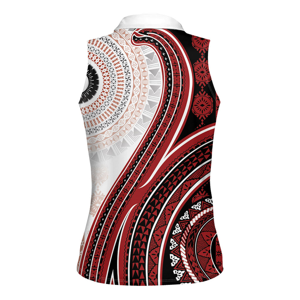 Bula Fiji Vintage Tapa Women Sleeveless Polo Shirt Kaivity Masi Wave Motifs - Red LT7 - Polynesian Pride