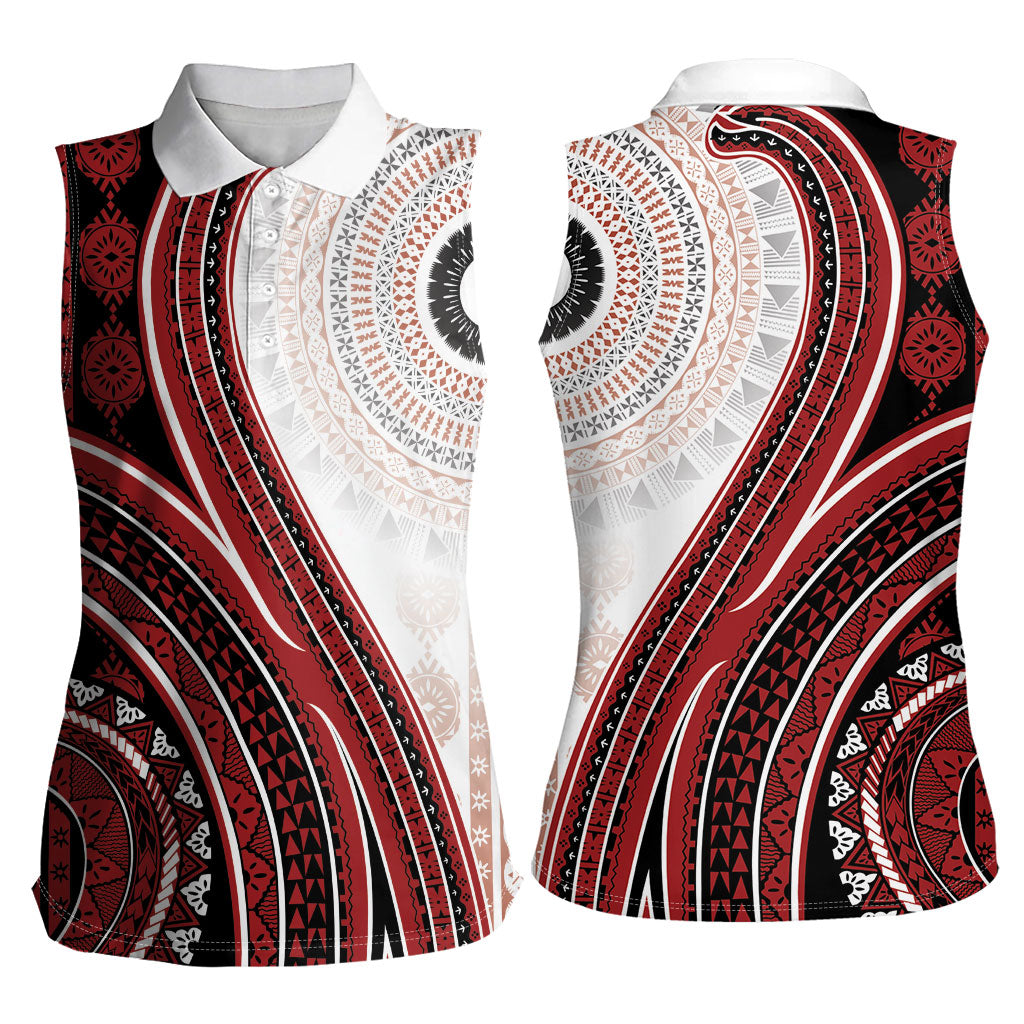 Bula Fiji Vintage Tapa Women Sleeveless Polo Shirt Kaivity Masi Wave Motifs - Red LT7 - Polynesian Pride