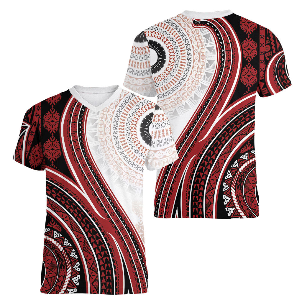 Bula Fiji Vintage Tapa Women V-Neck T-Shirt Kaivity Masi Wave Motifs - Red LT7 - Polynesian Pride