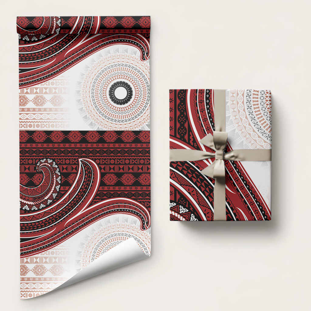 Bula Fiji Vintage Tapa Wrapping Paper Kaivity Masi Wave Motifs - Red