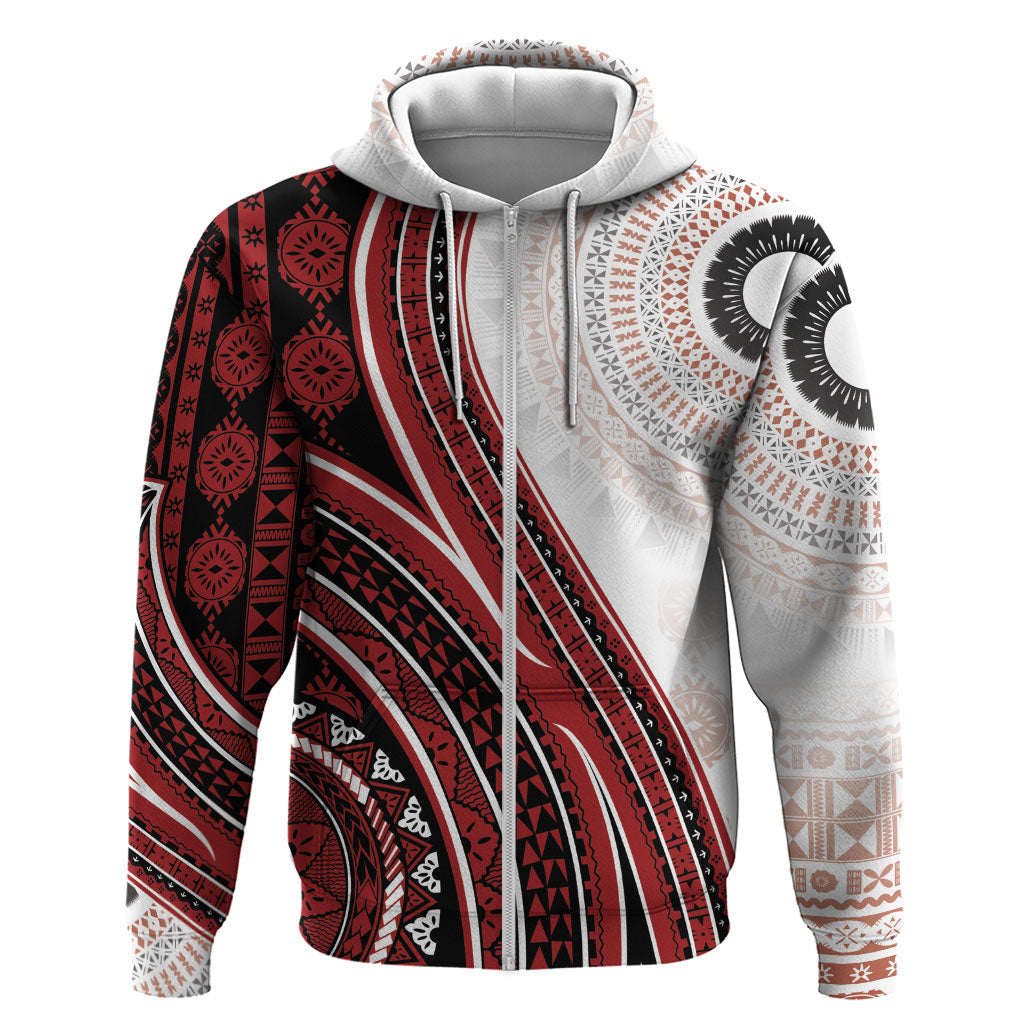 Bula Fiji Vintage Tapa Zip Hoodie Kaivity Masi Wave Motifs - Red