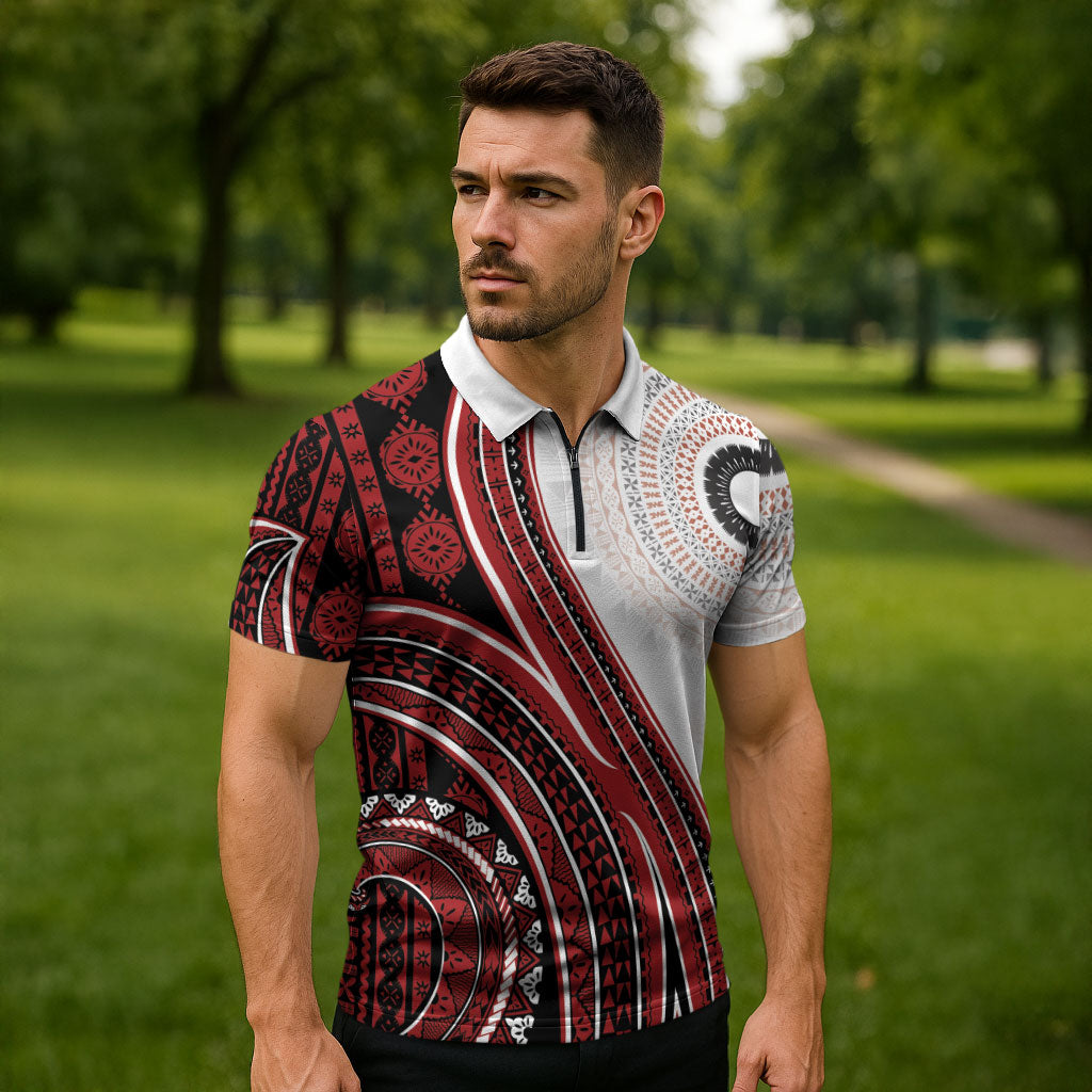 Bula Fiji Vintage Tapa Zipper Polo Shirt Kaivity Masi Wave Motifs - Red LT7 - Polynesian Pride