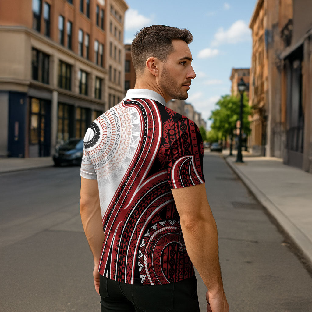 Bula Fiji Vintage Tapa Zipper Polo Shirt Kaivity Masi Wave Motifs - Red LT7 - Polynesian Pride