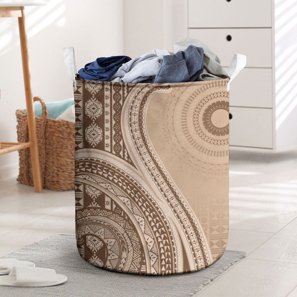 Bula Fiji Vintage Tapa Laundry Basket Kaivity Masi Wave Motifs - Mocha