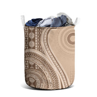 Bula Fiji Vintage Tapa Laundry Basket Kaivity Masi Wave Motifs - Mocha