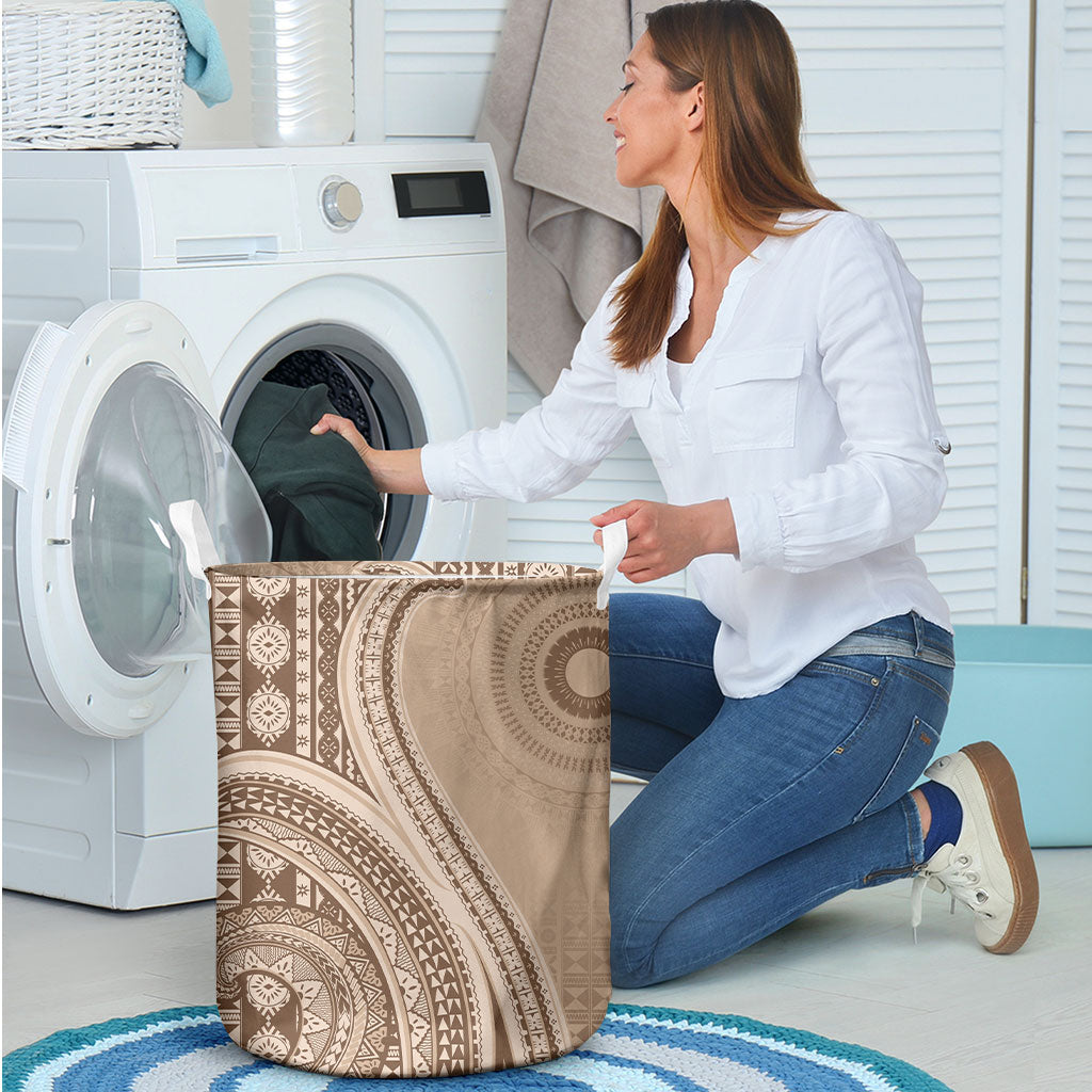 Bula Fiji Vintage Tapa Laundry Basket Kaivity Masi Wave Motifs - Mocha