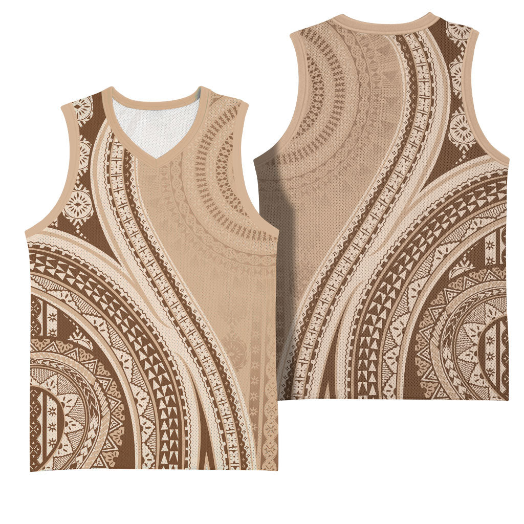 Bula Fiji Vintage Tapa Basketball Jersey Kaivity Masi Wave Motifs - Mocha