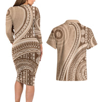 Bula Fiji Vintage Tapa Couples Matching Long Sleeve Bodycon Dress and Hawaiian Shirt Kaivity Masi Wave Motifs - Mocha LT7 - Polynesian Pride