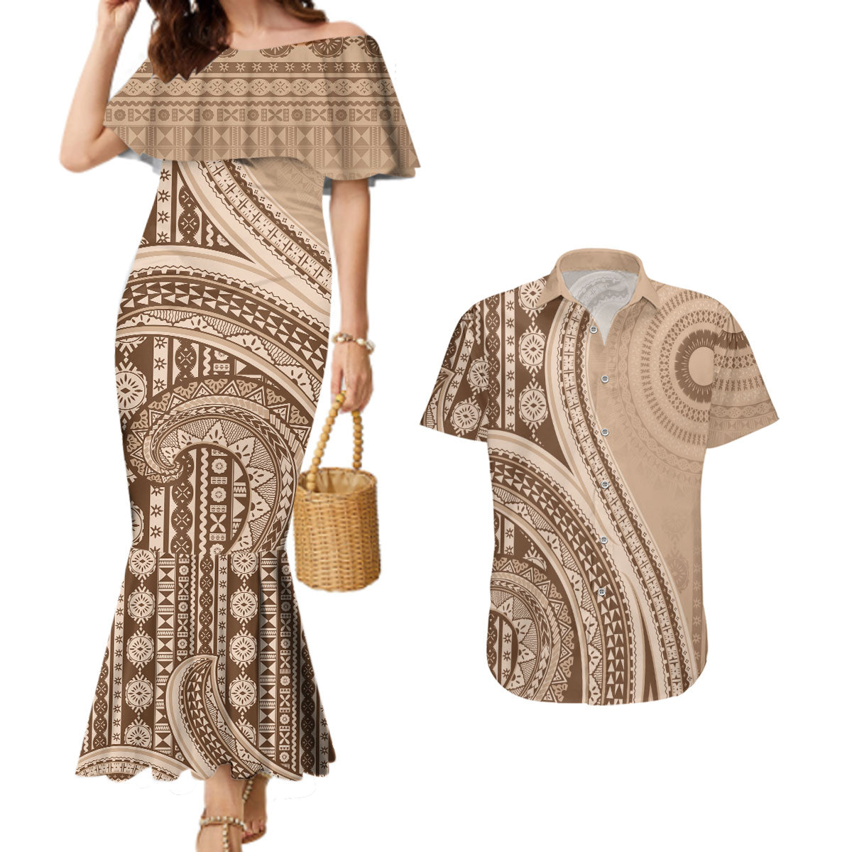 Bula Fiji Vintage Tapa Couples Matching Mermaid Dress and Hawaiian Shirt Kaivity Masi Wave Motifs - Mocha