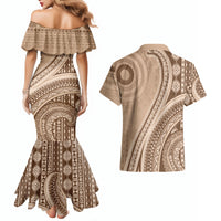 Bula Fiji Vintage Tapa Couples Matching Mermaid Dress and Hawaiian Shirt Kaivity Masi Wave Motifs - Mocha LT7 - Polynesian Pride