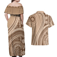 Bula Fiji Vintage Tapa Couples Matching Off Shoulder Maxi Dress and Hawaiian Shirt Kaivity Masi Wave Motifs - Mocha LT7 - Polynesian Pride
