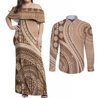 Bula Fiji Vintage Tapa Couples Matching Off Shoulder Maxi Dress and Long Sleeve Button Shirt Kaivity Masi Wave Motifs - Mocha LT7 Beige - Polynesian Pride
