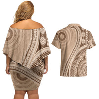 Bula Fiji Vintage Tapa Couples Matching Off Shoulder Short Dress and Hawaiian Shirt Kaivity Masi Wave Motifs - Mocha LT7 - Polynesian Pride