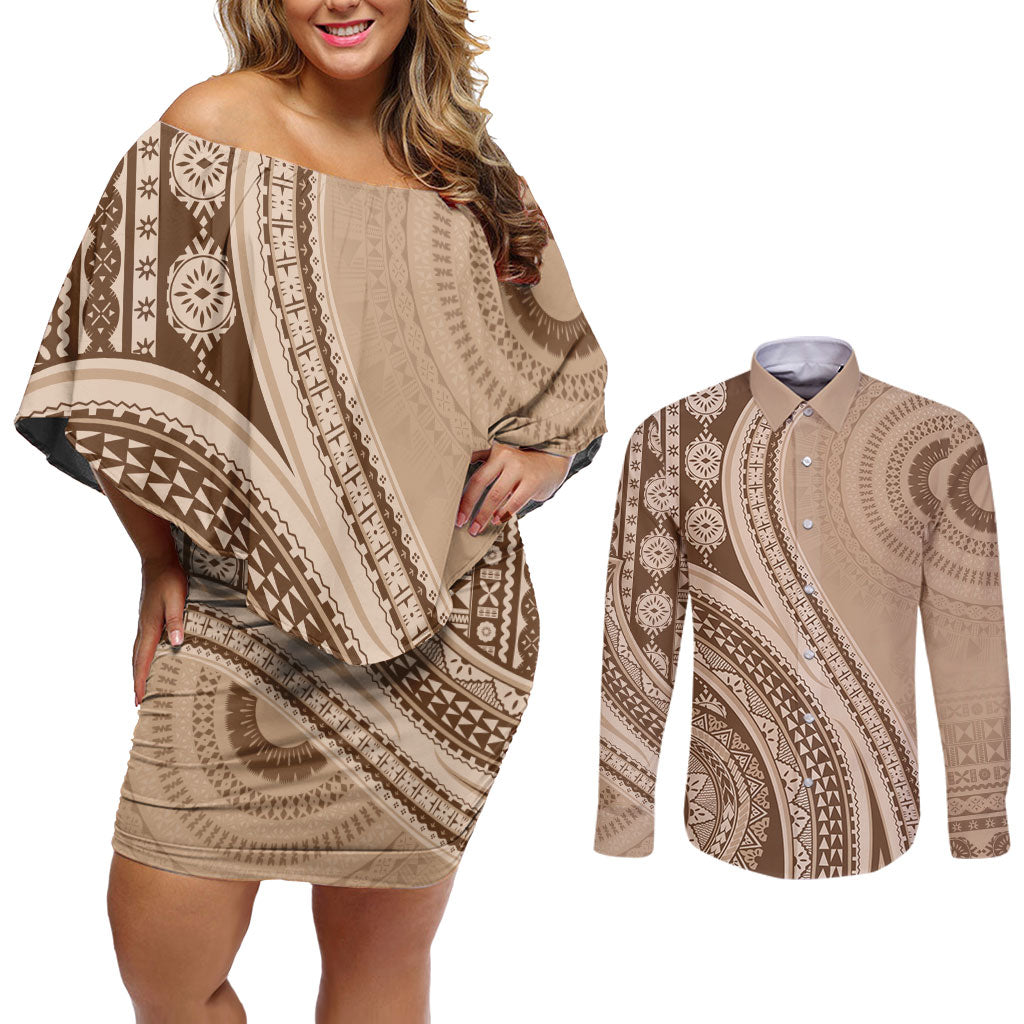 Bula Fiji Vintage Tapa Couples Matching Off Shoulder Short Dress and Long Sleeve Button Shirt Kaivity Masi Wave Motifs - Mocha LT7 Beige - Polynesian Pride
