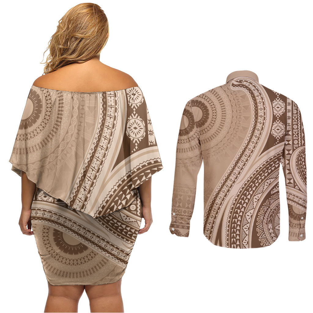 Bula Fiji Vintage Tapa Couples Matching Off Shoulder Short Dress and Long Sleeve Button Shirt Kaivity Masi Wave Motifs - Mocha LT7 - Polynesian Pride