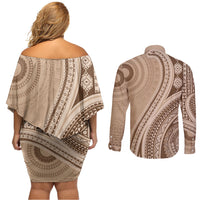 Bula Fiji Vintage Tapa Couples Matching Off Shoulder Short Dress and Long Sleeve Button Shirt Kaivity Masi Wave Motifs - Mocha LT7 - Polynesian Pride
