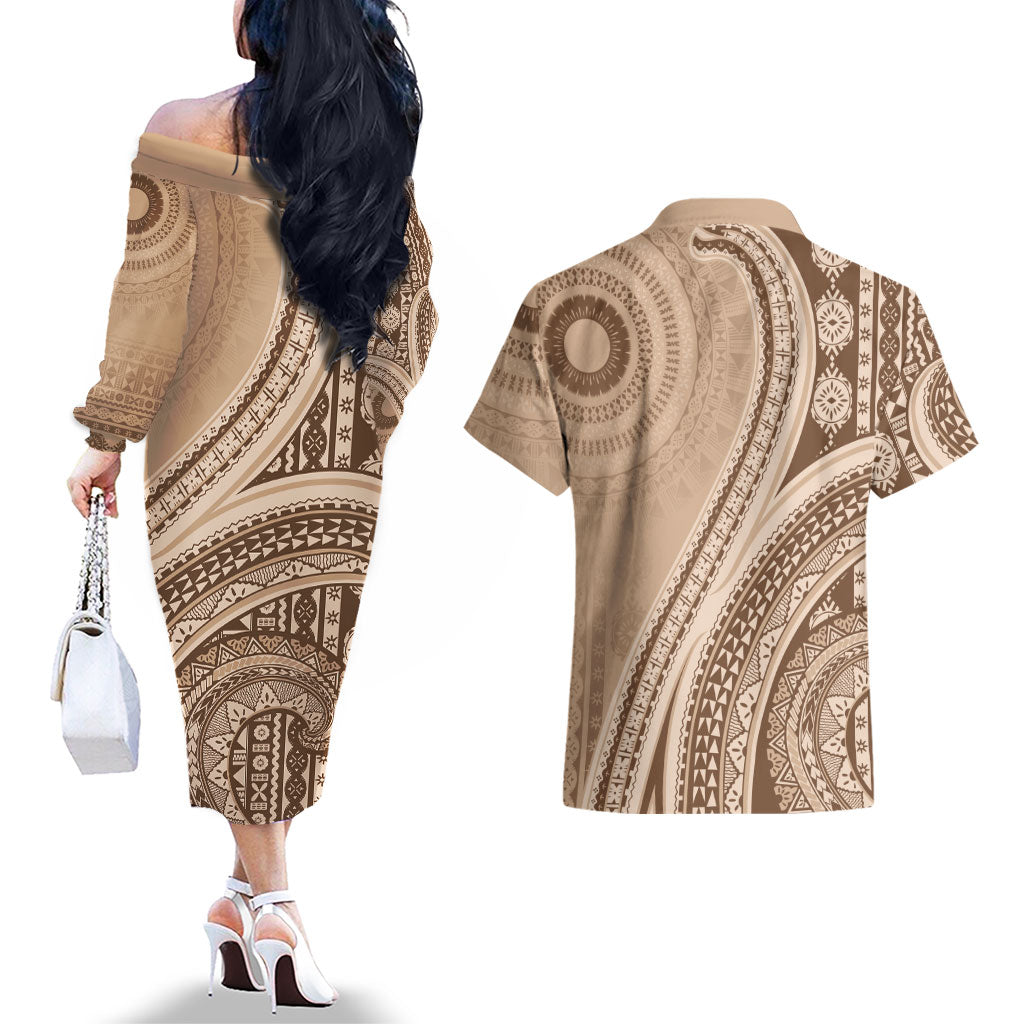 Bula Fiji Vintage Tapa Couples Matching Off The Shoulder Long Sleeve Dress and Hawaiian Shirt Kaivity Masi Wave Motifs - Mocha LT7 - Polynesian Pride