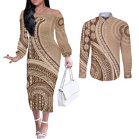 Bula Fiji Vintage Tapa Couples Matching Off The Shoulder Long Sleeve Dress and Long Sleeve Button Shirt Kaivity Masi Wave Motifs - Mocha LT7 Beige - Polynesian Pride