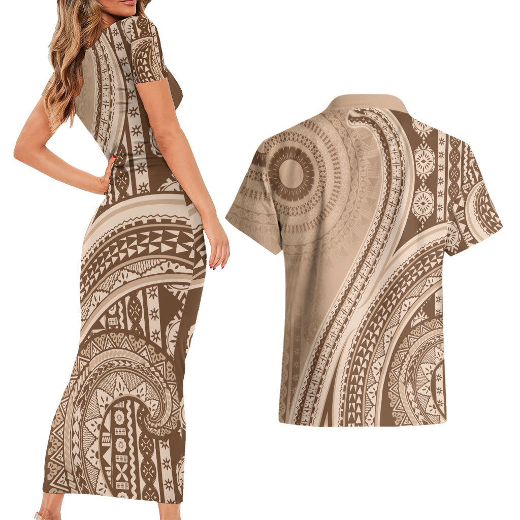 Bula Fiji Vintage Tapa Couples Matching Short Sleeve Bodycon Dress and Hawaiian Shirt Kaivity Masi Wave Motifs - Mocha LT7 - Polynesian Pride
