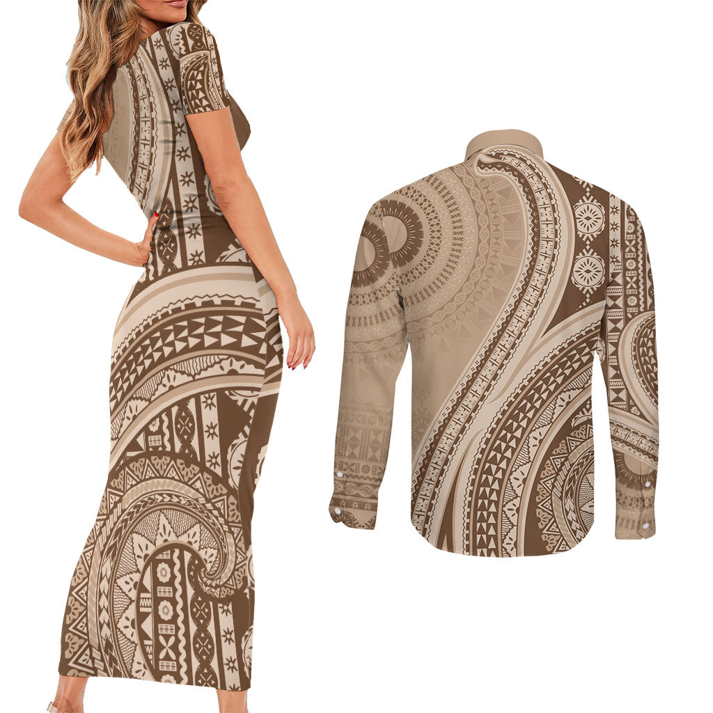 Bula Fiji Vintage Tapa Couples Matching Short Sleeve Bodycon Dress and Long Sleeve Button Shirt Kaivity Masi Wave Motifs - Mocha LT7 - Polynesian Pride