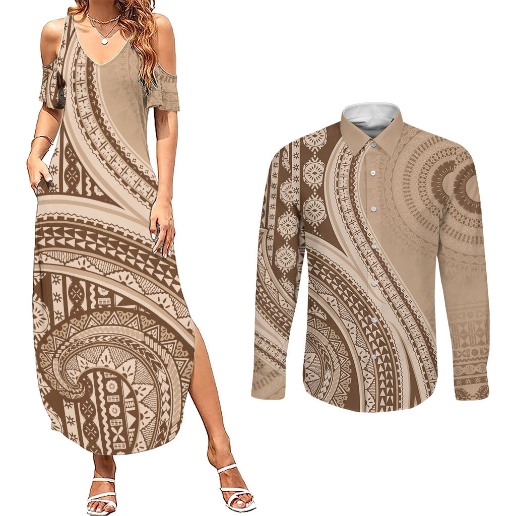 Bula Fiji Vintage Tapa Couples Matching Summer Maxi Dress and Long Sleeve Button Shirt Kaivity Masi Wave Motifs - Mocha LT7 Beige - Polynesian Pride