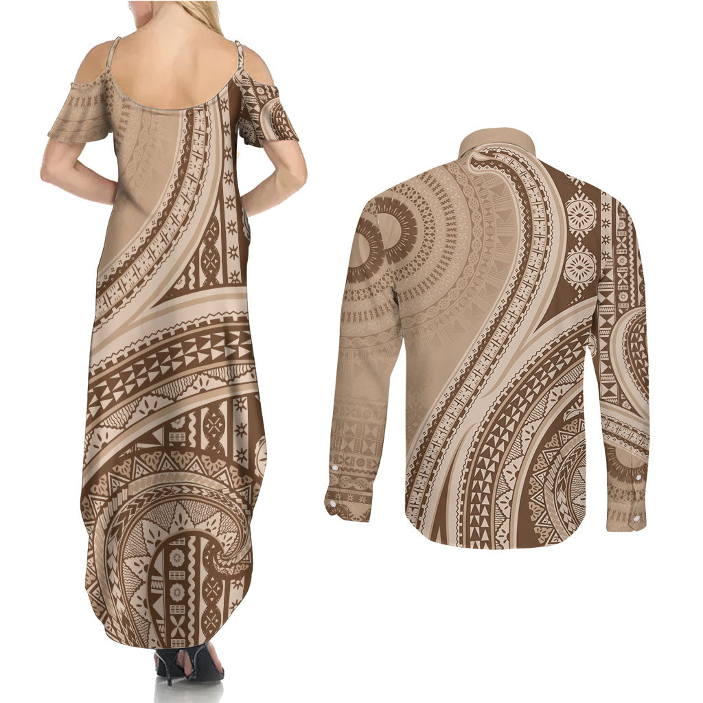 Bula Fiji Vintage Tapa Couples Matching Summer Maxi Dress and Long Sleeve Button Shirt Kaivity Masi Wave Motifs - Mocha LT7 - Polynesian Pride