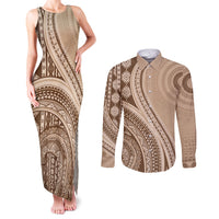 Bula Fiji Vintage Tapa Couples Matching Tank Maxi Dress and Long Sleeve Button Shirt Kaivity Masi Wave Motifs - Mocha LT7 Beige - Polynesian Pride