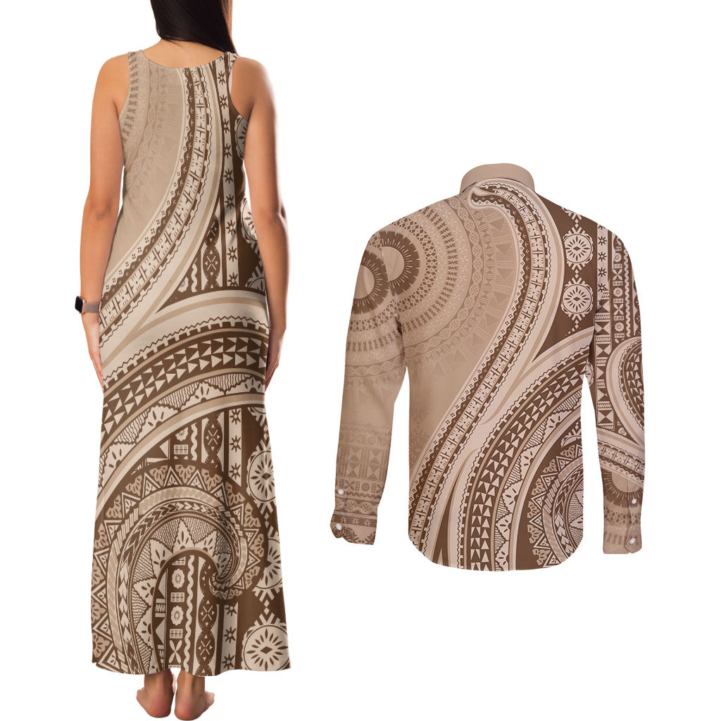 Bula Fiji Vintage Tapa Couples Matching Tank Maxi Dress and Long Sleeve Button Shirt Kaivity Masi Wave Motifs - Mocha LT7 - Polynesian Pride