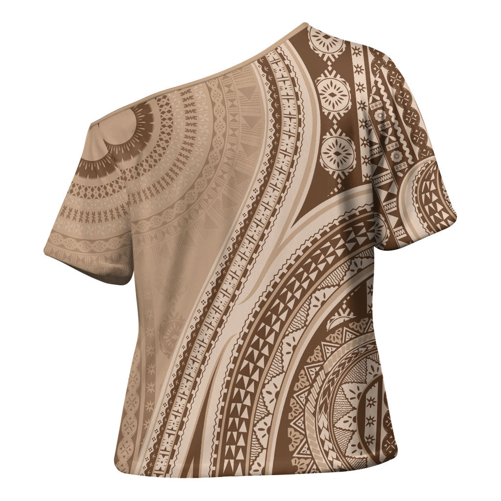 Bula Fiji Vintage Tapa Cross Shoulder Shirt Kaivity Masi Wave Motifs - Mocha