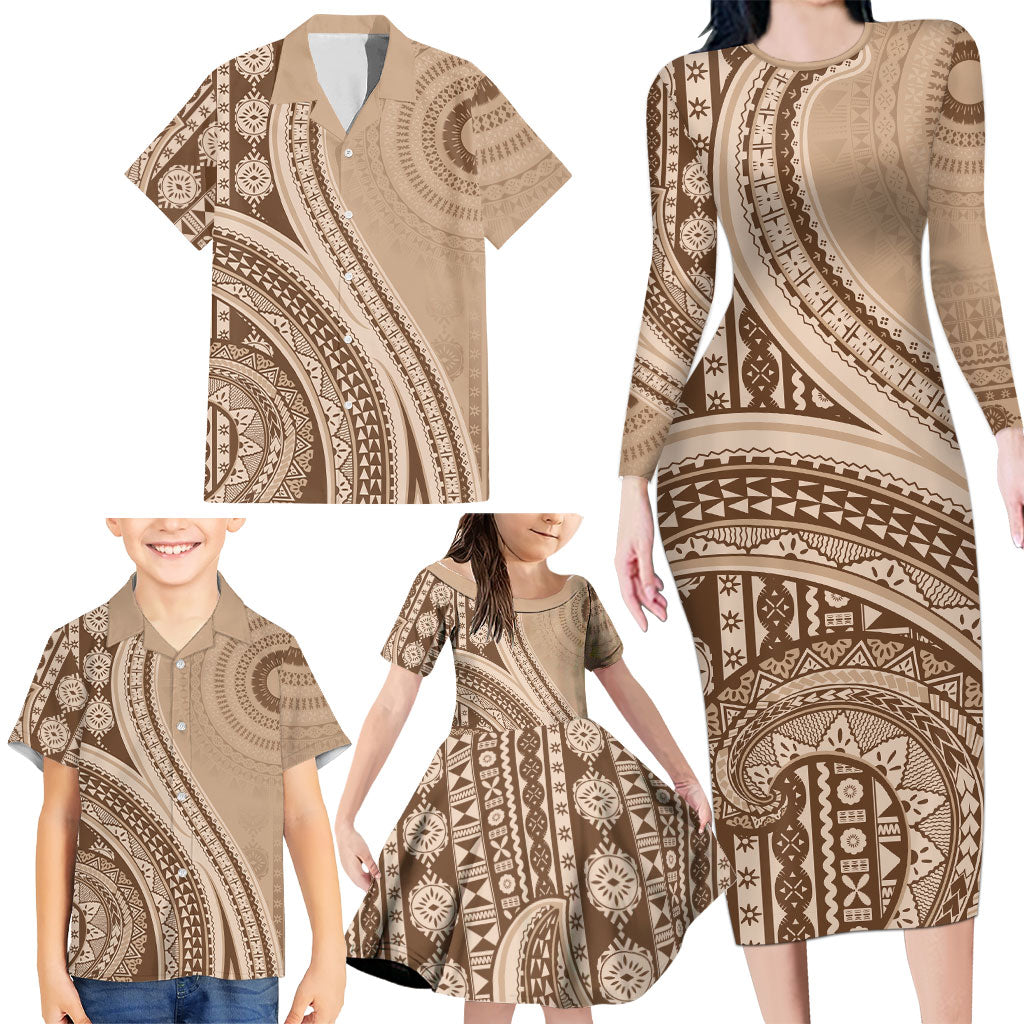 Bula Fiji Vintage Tapa Family Matching Long Sleeve Bodycon Dress and Hawaiian Shirt Kaivity Masi Wave Motifs - Mocha