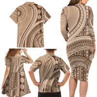 Bula Fiji Vintage Tapa Family Matching Long Sleeve Bodycon Dress and Hawaiian Shirt Kaivity Masi Wave Motifs - Mocha LT7 - Polynesian Pride