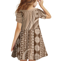 Bula Fiji Vintage Tapa Family Matching Off The Shoulder Long Sleeve Dress and Hawaiian Shirt Kaivity Masi Wave Motifs - Mocha LT7 - Polynesian Pride