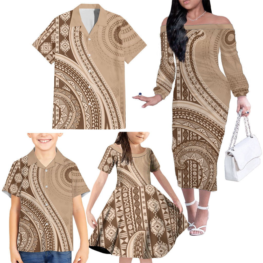 Bula Fiji Vintage Tapa Family Matching Off The Shoulder Long Sleeve Dress and Hawaiian Shirt Kaivity Masi Wave Motifs - Mocha LT7 - Polynesian Pride