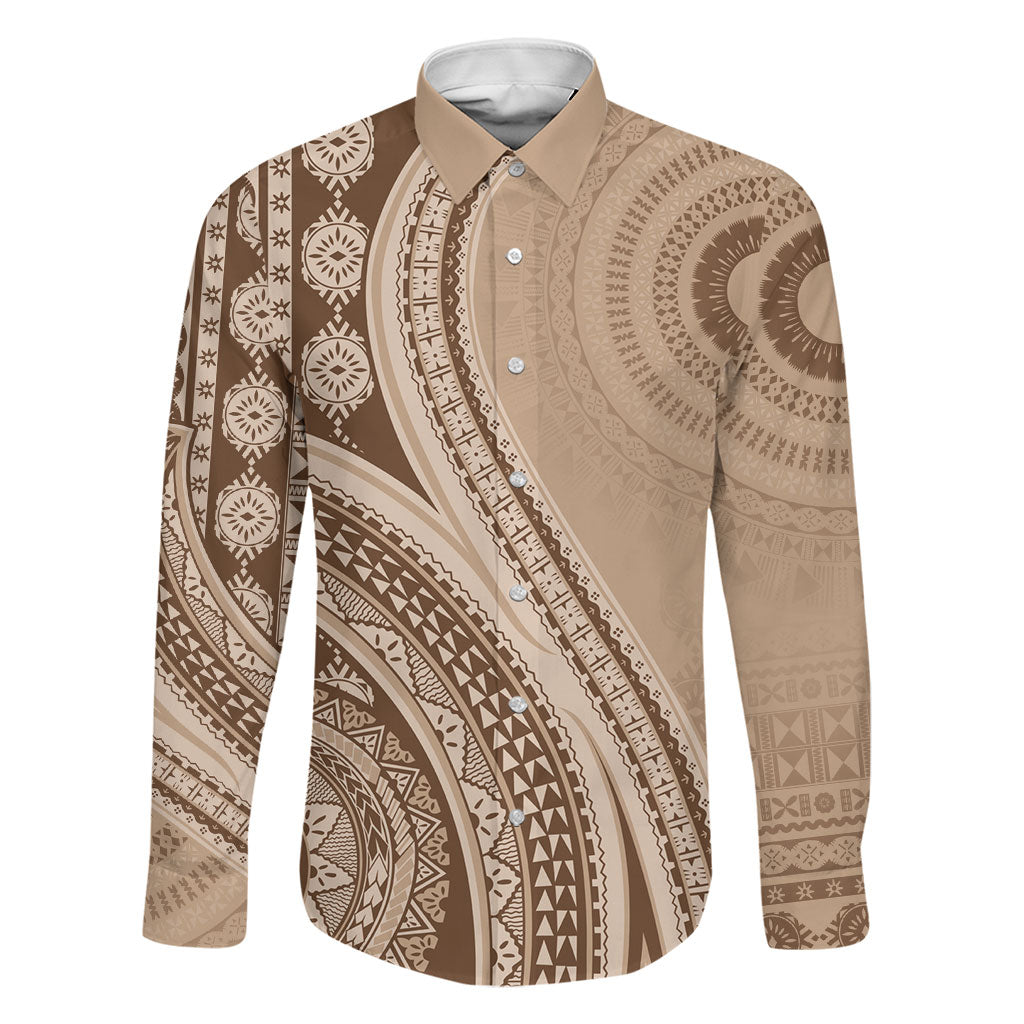 Bula Fiji Vintage Tapa Family Matching Off The Shoulder Long Sleeve Dress and Hawaiian Shirt Kaivity Masi Wave Motifs - Mocha LT7 Dad's Shirt - Long Sleeve Beige - Polynesian Pride