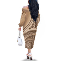 Bula Fiji Vintage Tapa Family Matching Off The Shoulder Long Sleeve Dress and Hawaiian Shirt Kaivity Masi Wave Motifs - Mocha LT7 - Polynesian Pride