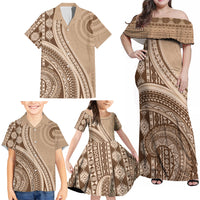 Bula Fiji Vintage Tapa Family Matching Off Shoulder Maxi Dress and Hawaiian Shirt Kaivity Masi Wave Motifs - Mocha LT7 - Polynesian Pride