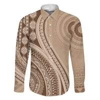 Bula Fiji Vintage Tapa Family Matching Off Shoulder Maxi Dress and Hawaiian Shirt Kaivity Masi Wave Motifs - Mocha LT7 Dad's Shirt - Long Sleeve Beige - Polynesian Pride